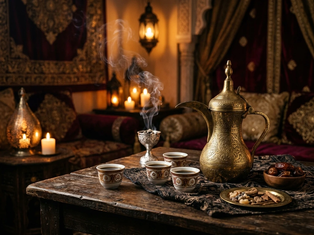 Golden brass dallah and cups with rising oud incense smoke in warm candlelight.