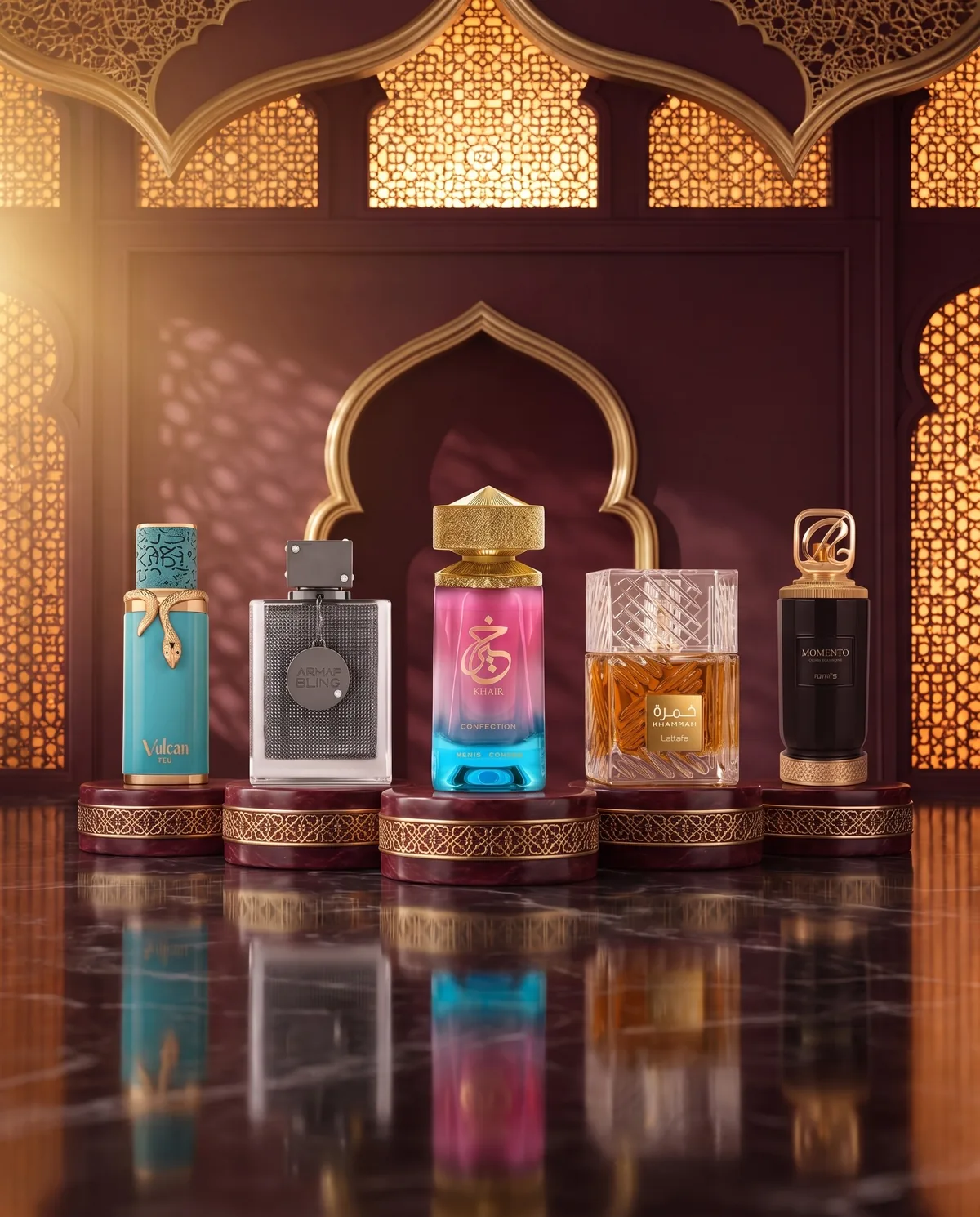 Perfume bottles on stone plinths in a sunlit architectural setting, light falling across a polished marble floor.