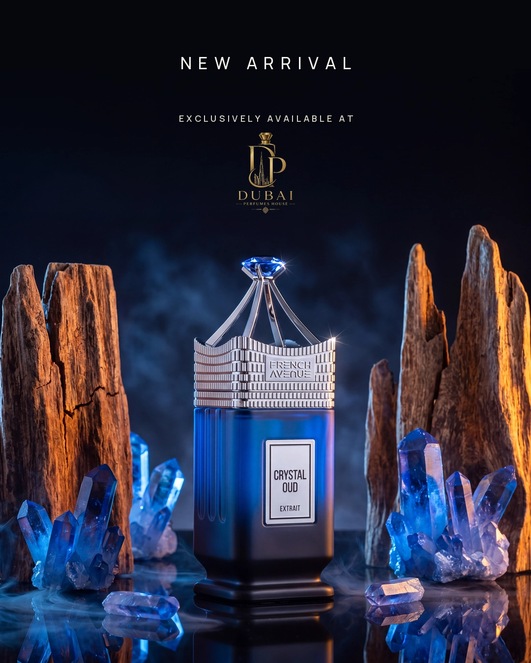 New arrival banner for Crystal Oud Extrait by French Avenue, exclusively available at Dubai Perfumes House.